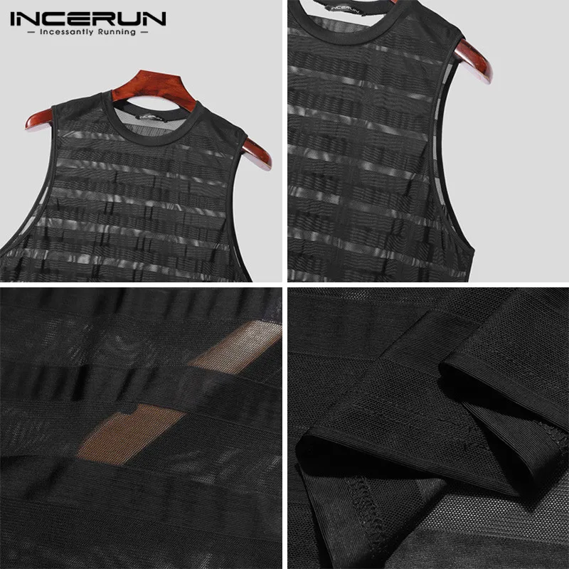 2024 Men Tank Tops Mesh Striped Transparent O-neck Sleeveless Summer Casual Vests Streetwear Sexy Fashion Men Clothing INCERUN