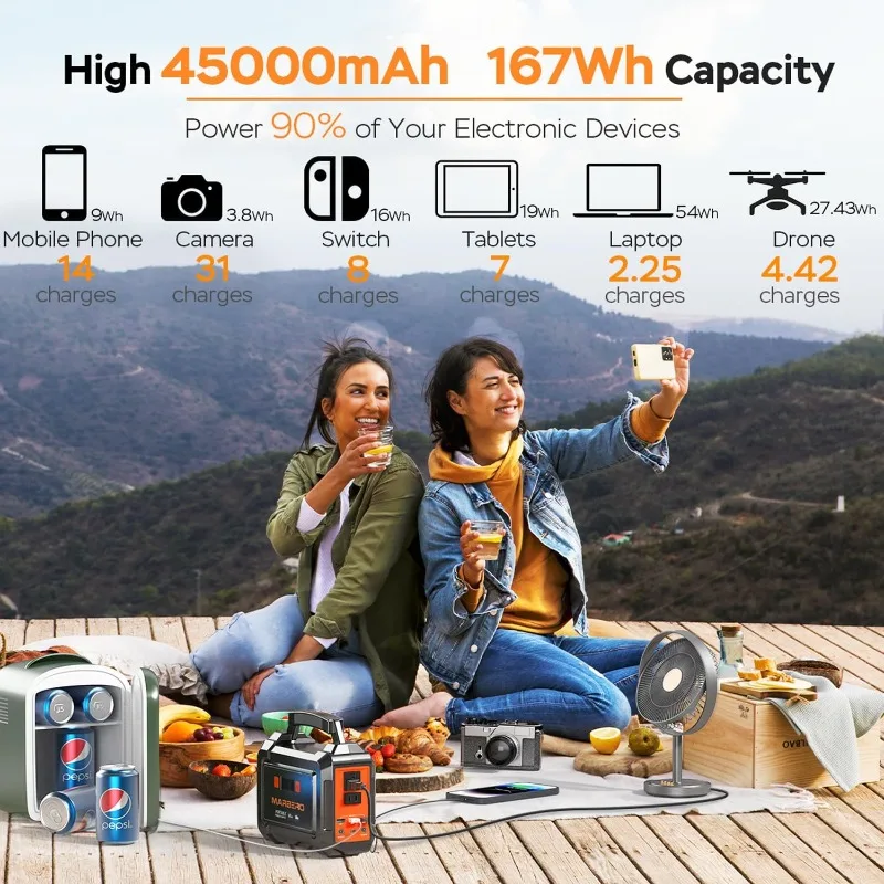 Portable 200W Peak MARBERO Camping Solar Generator 167Wh Power Bank with AC Outlet 110V with Multi-Output LED Flashlights