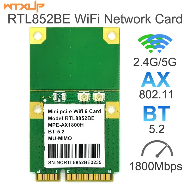 

Realtek RTL8852BE сетевая карта WiFi 6 1800 Мбит/с BT 5,0 Двухдиапазонная Беспроводная мини PCIe 802.11ac/ax 2,4G/5 ГГц