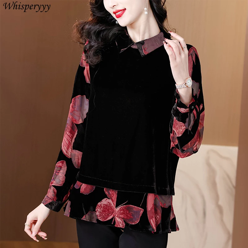 Women's Shirt Spring Autumn Fashion Printed Velvet Splicing Fake Two-piece Blouse Femme Casual Long Sleeve Pullover Tops