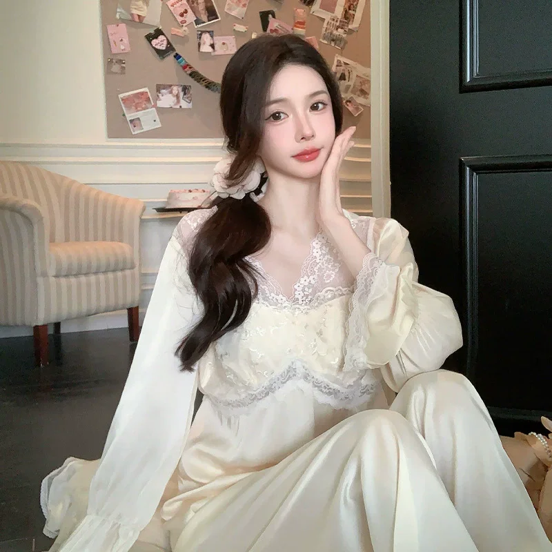 

Twinset пижамный костюм с длинными рукавами, весенний женский пижамный комплект, повседневная осенняя шелковистая атласная домашняя одежда, женская одежда для сна, ночное белье