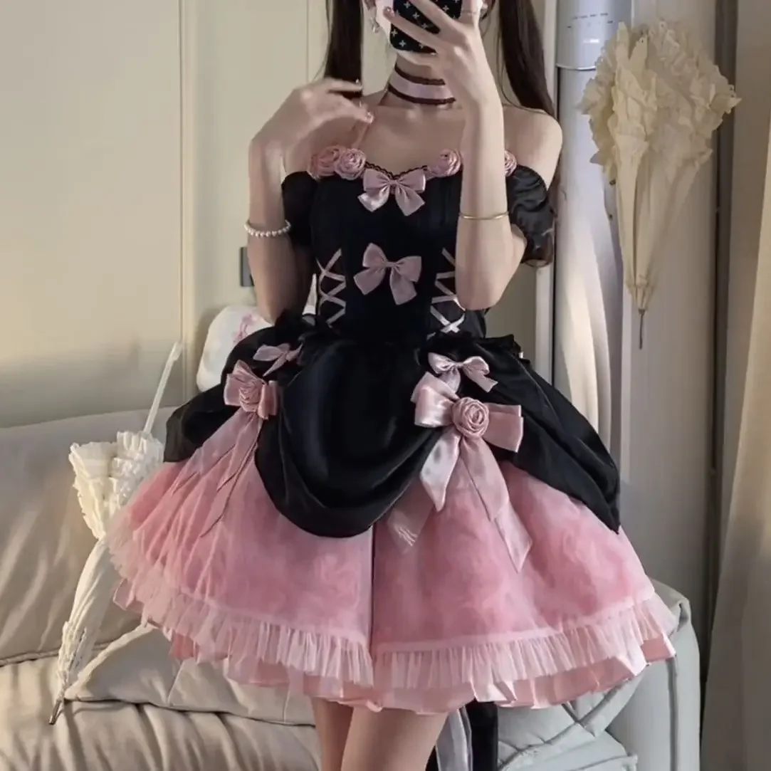 

Japanese Black Pink Rose Color Blocked Off Shoulder Waist Fishbone Lace Lolita Dress Women Gothic Halloween Princess Dresses