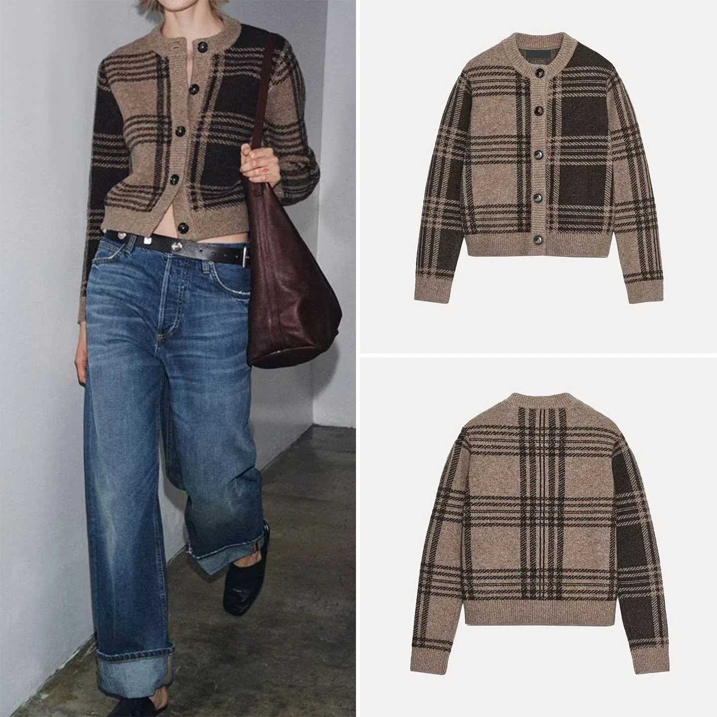 Chaqueta de Punto a Cuadros de Moda para Mujer, Estilo Nuevo de Otoño, Chaqueta Corta de Manga Larga Z con Cierre de Bot...