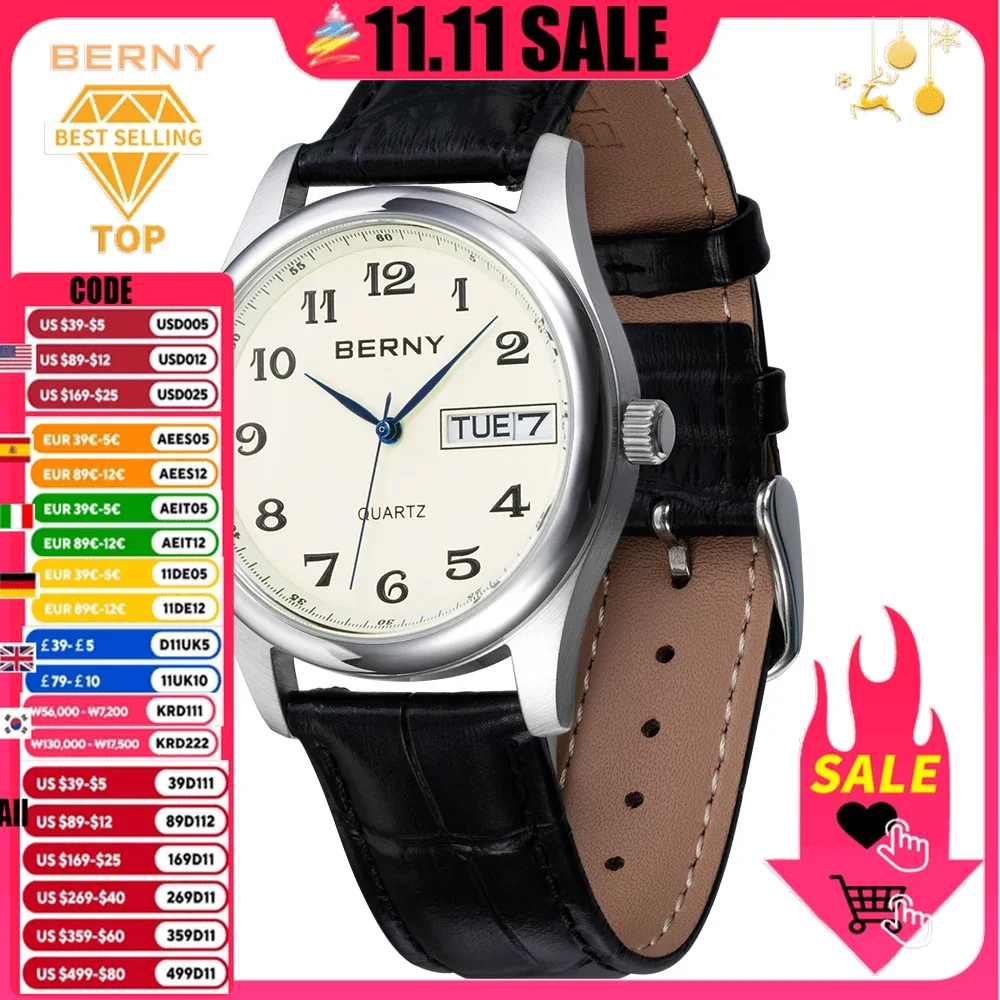 

BERNY Quartz Watch for Men Miyota 2405 Business Male Wristwatch Day Date Calendar Genuine Leather Classic Men Watches Waterproof