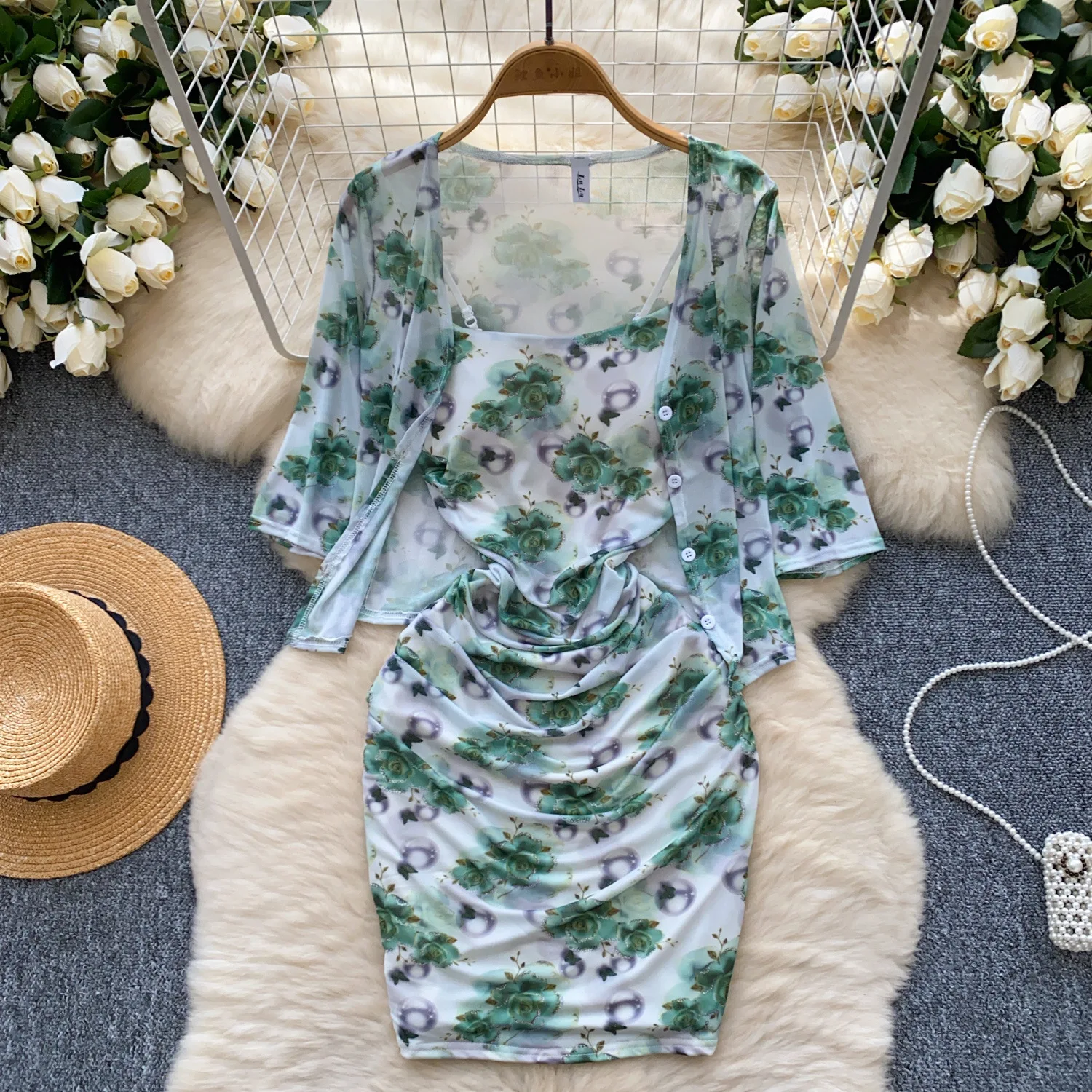 Short Dress Women Dresses Full Sleeve Coats Vestidos Y2k Streetwear Sleeveless Wrap Hip Print Floral Elegant Splice Party Night