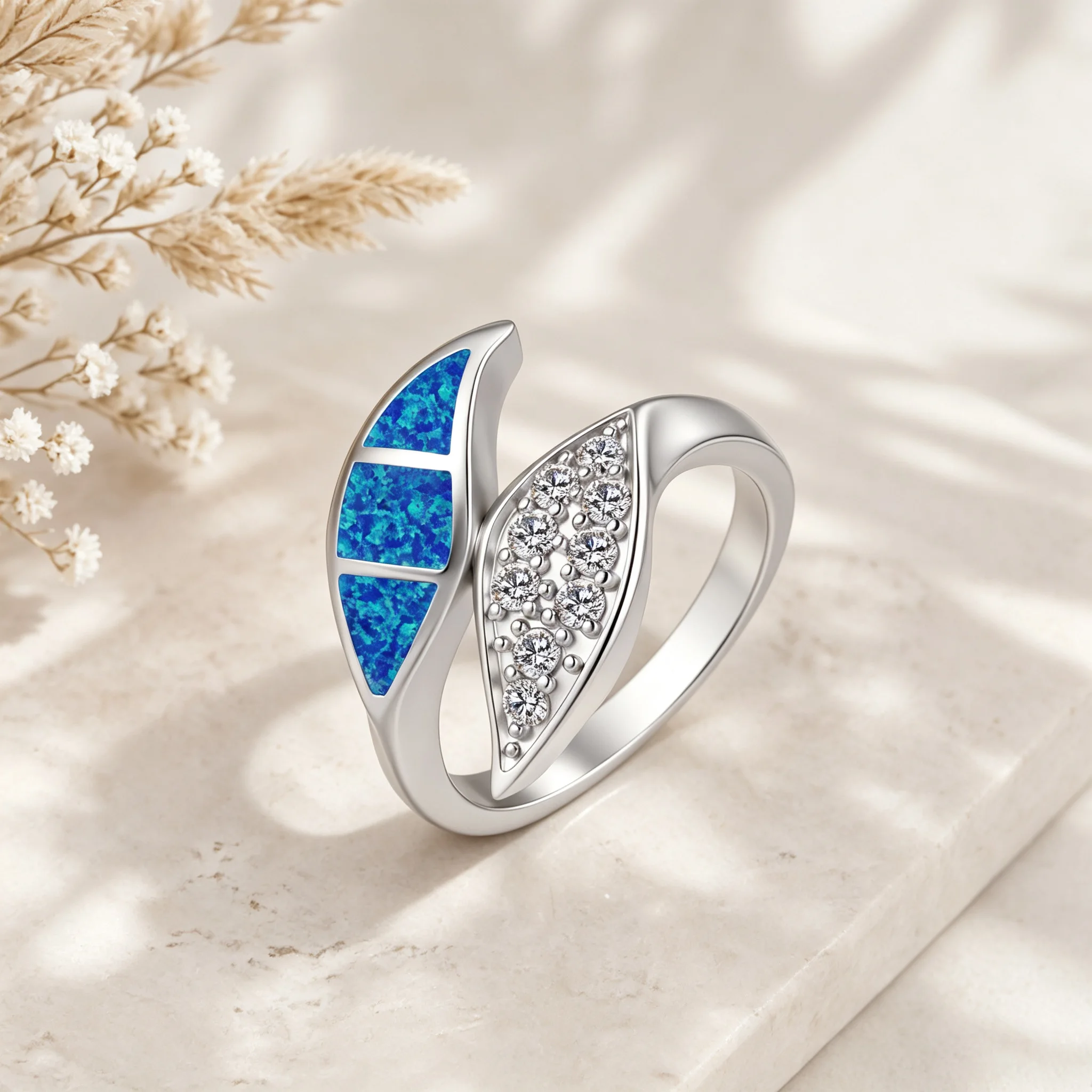 Dual Leaf Band Opal Ring for Women Asymmetric Design with Full Pave Sparkling CZ Botanical Style Finger Jewelry for Daily Gift