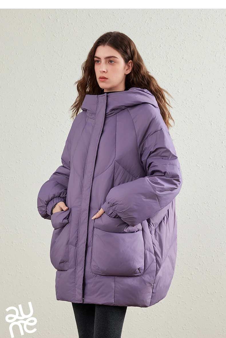 TOYOUTH Womens Down Jacket 2026 Winter New 90 White Duck Down Purple Hooded Large Pocket Warm Long Outerwear