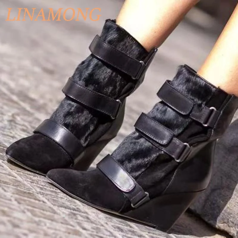 

Slope Heel Velcro Women's Short Boots Black Minimalist Autumn Winter Leather Splicing Pointed Versatile High-Heels Fashion Boots