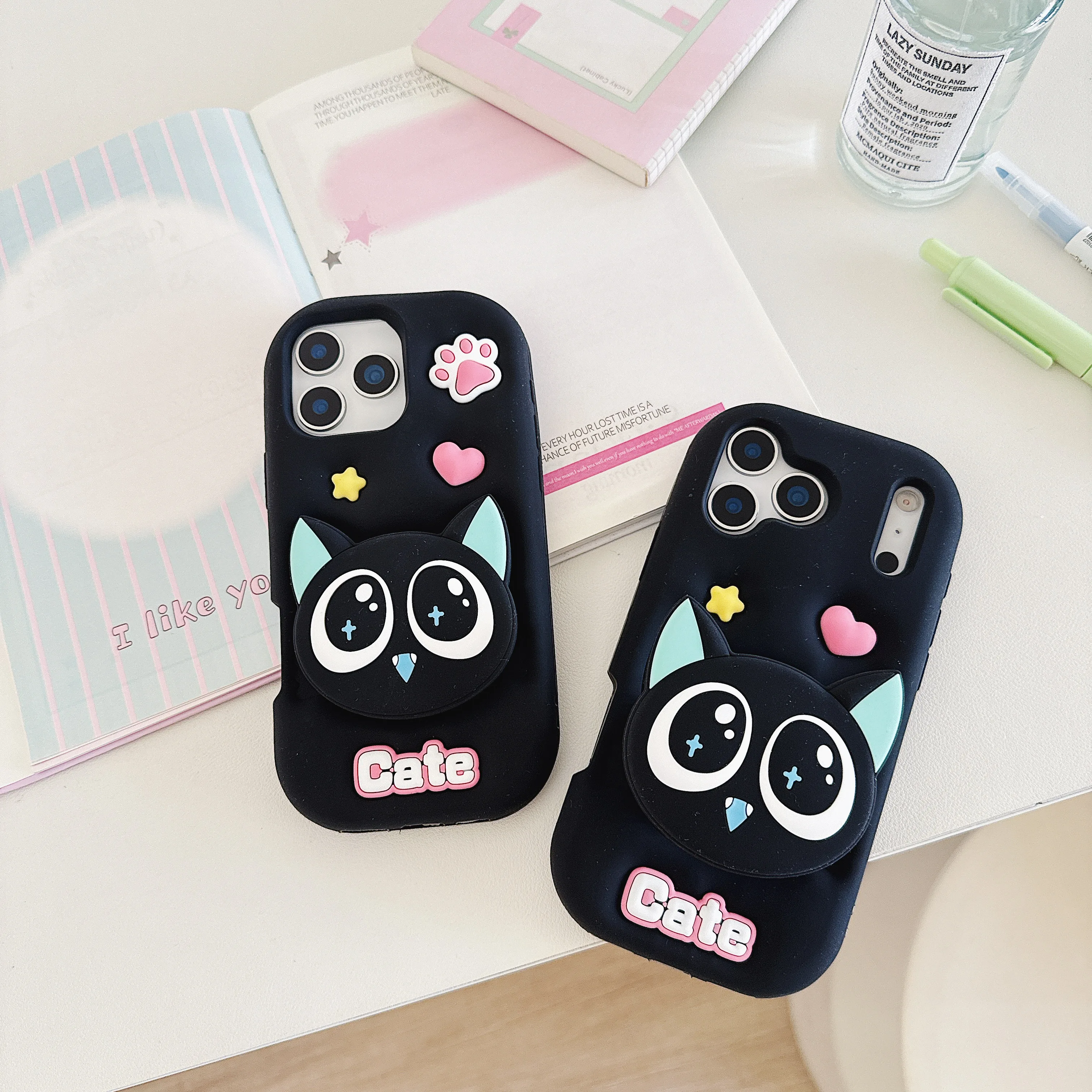 

Чехол для телефона с 3D мультяшным милым черным котом и подставкой для iphone 17, Pro max 16, 15, 14, 13, 12 м, задняя крышка, подарок