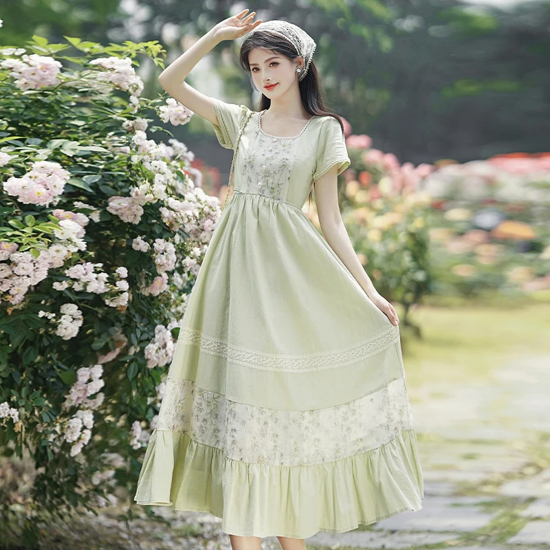 French Style Medieval Cottage Woman Dress Summer Vintage Prairie Colony  Green Countryside Floral Lawn Dresses Costume Halloween - AliExpress  200000345