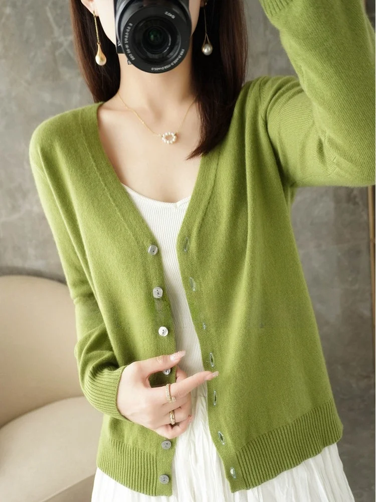 

Spring Autumn New Sle V-Ne Camere Open Cardigan Women's Outerwear Pure Color Large Size Knitted Sweater Base Layer