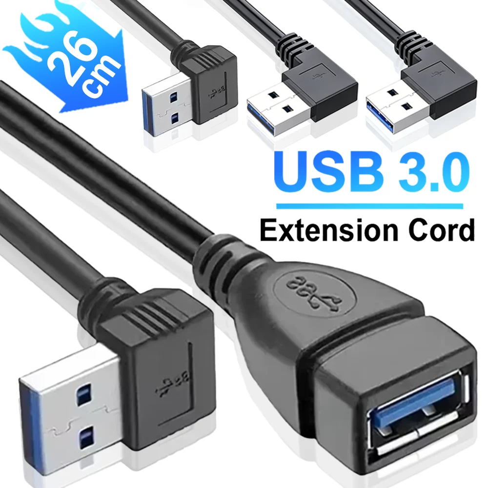 USB 3.0 Verlängerungskabel (Stecker auf Buchse) mit 90-Grad-Winkel (rechts/links/oben/unten) Datenkabel 26cm USB-Adapterkabel für Laptops