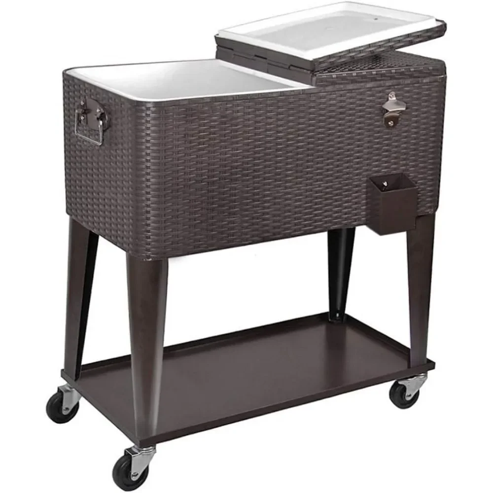 80 Quart Party Ice Cooler Table with Shelf & Bottle Opener, Wicker Faux Rattan Tub Trolley, Portable Rolling Ice Cooler Table