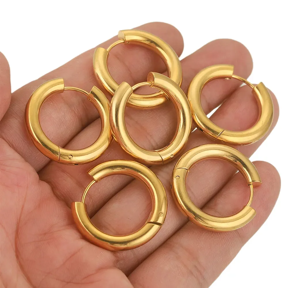 6pcs Stainless Steel 4mm Thick Earrings Gold Plated Large Round Korean Ear Rings Hoop Earring for Women Female Jewelry Luxury