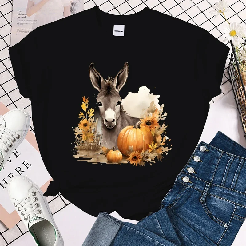 (Premium T-shirt)Fall Donkey Pumpkin Print Summer Casual T-Shirts For Women Creative O Neck Short-Sleeved T-Shirts Fashion tops