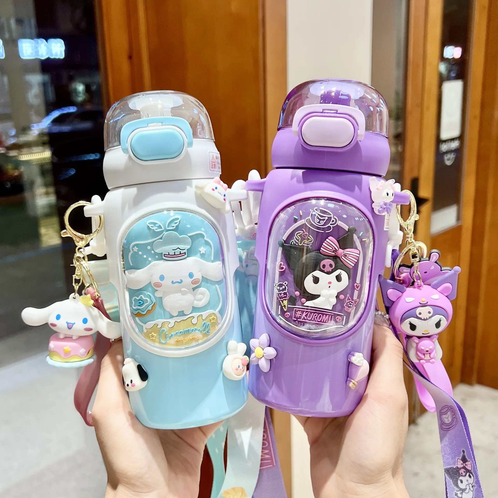 Kawaii 460ml Sanrio Kuromi Girl Straw Kettle Crossbody Stainless Steel Children Thermos Bottle Primary School Student Water Cup