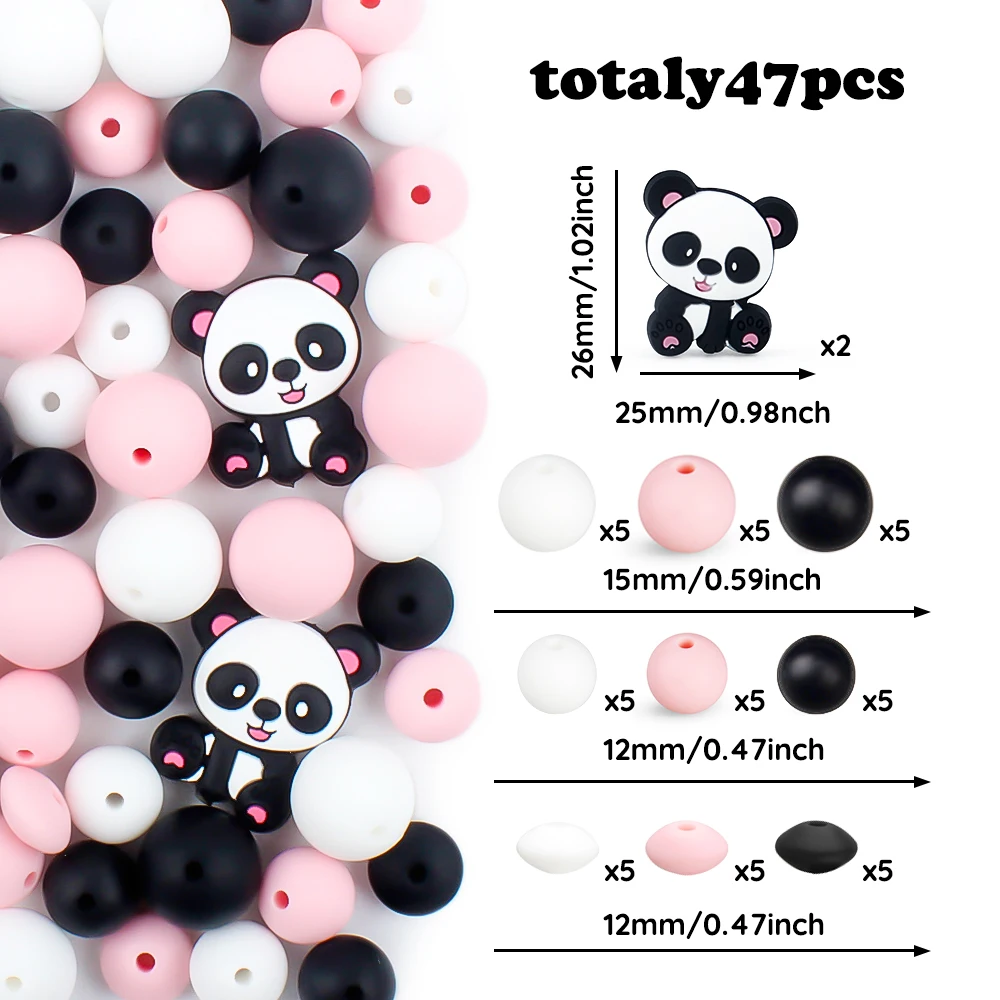 47pcs/Set Panda Silicone Beads 12 15mm Round Lentil Focal Beads Set Baby Teething Beads Teether DIY Pencils keychain Accessories