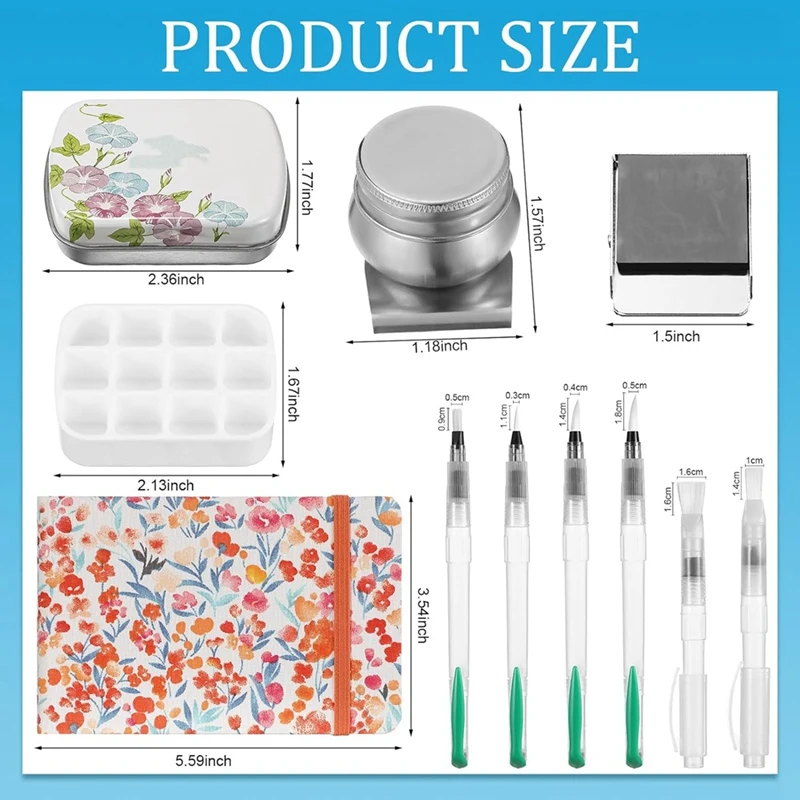 11 Piece Tin Box, 12 Empty Watercolor Palettes, Artist Brushes With Protective Case, Sketching Watercolor Kit