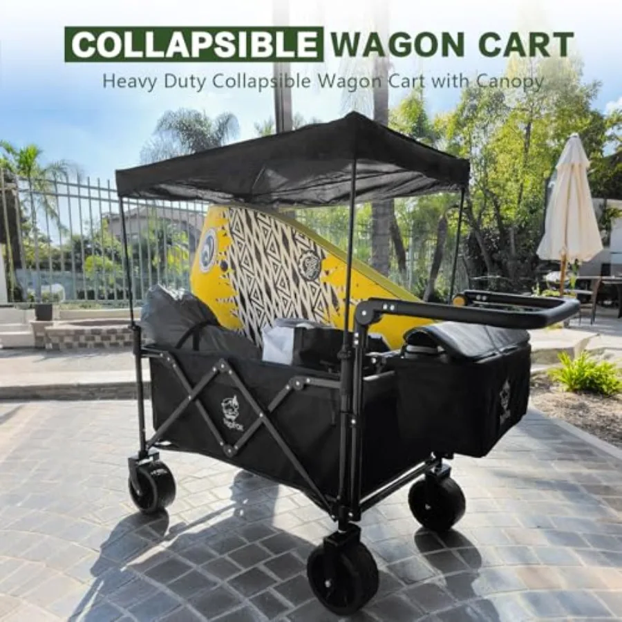 Beach camping utility cart: heavy-duty collapsible wagon with canopy, black steel frame, 250lb capacity, all-terrain wheels wit