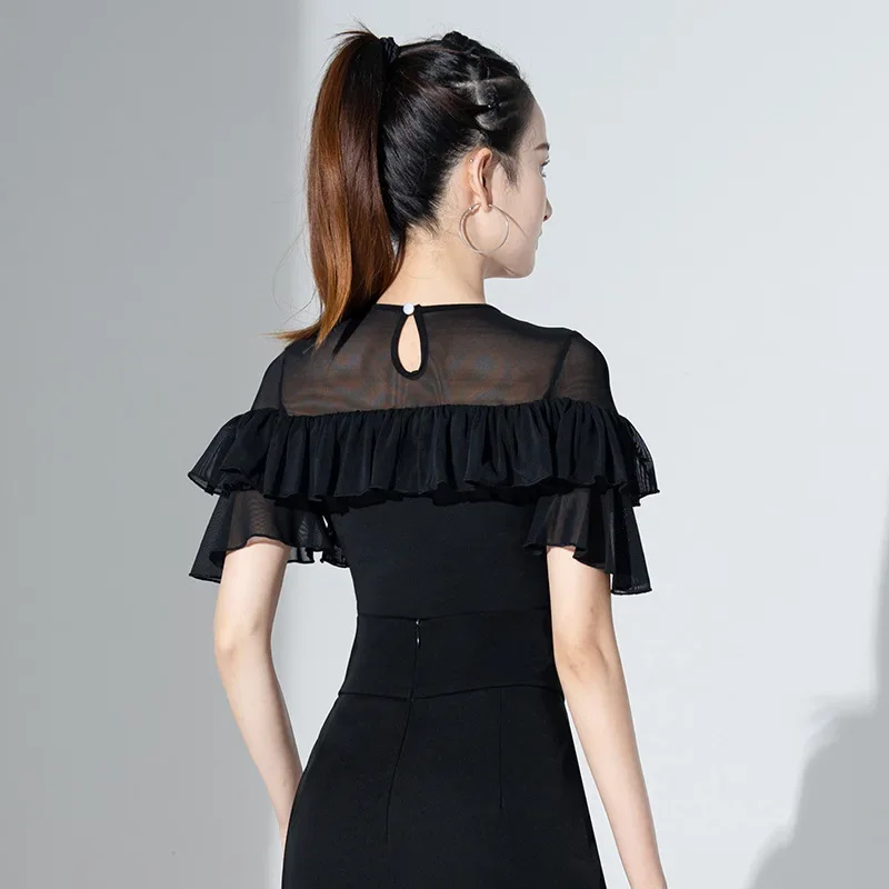 Mesh Patchwork Latin Dance Practice Suit Ballroom Belly Costume Middle Sleeves Top Women\'s Dance Suit Top Evening Dresses Shirt