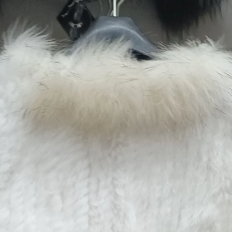 2023 Women Knitted Real Rabbit Fur Coat With Raccoon Fur Collar Winter Long Sleeve Fashion Genuine Fur Jacket Outwear Femme