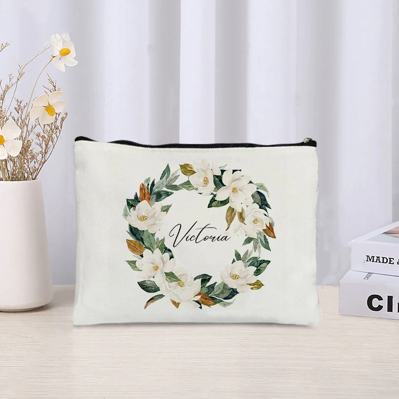 Custom Name Florals Travel Makeup Organizer Cosmetic Bag Women Teacher Gift Bridesmaid Clutch Luxury Canvas Ziplock Side Bag