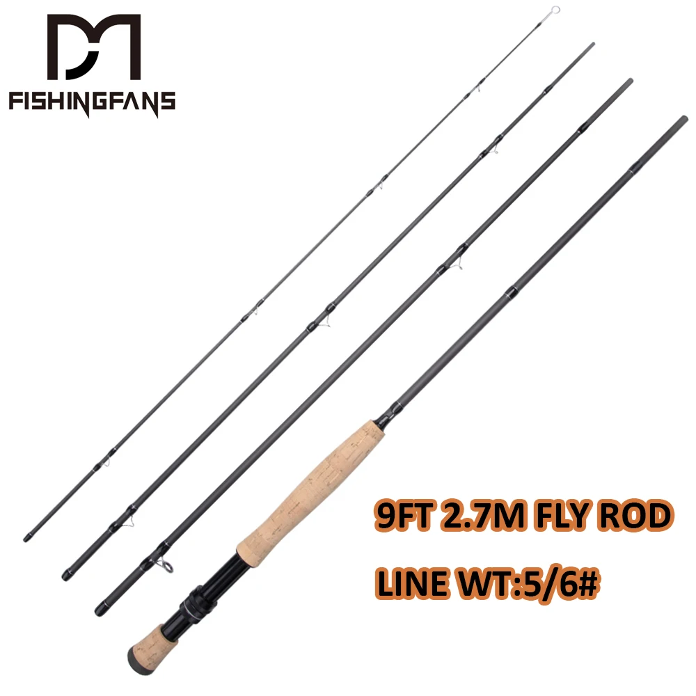 FISHINGFANS FLY ROD 9FT 2.7M LINE WT 5/6# CORK HANDLE 4 SECTIONS Lake River 36T Carbon Fiber Fly Rod For Trout and Bass