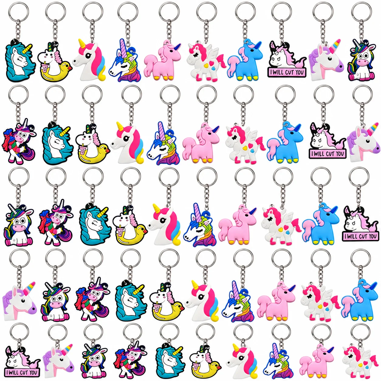 50/100pcs Cute Unicorn Keychain Set Colorful PVC Pendant Bag Charm Bulk Gift for Girls Kids Party Souvenir Favors Birthday