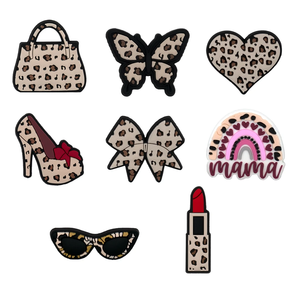 1/23PCS Leopard Print Style Shoe Charms Cute Flower Lipstick Heart Women Shoe Accessories Pin for Clog Sneaker Sandal Buckle