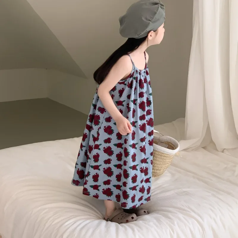 Summer Children Girls Sleeveless Dress RAISE Floral Printed Infant Babys Girls Sundress Rose Toddler Girls Princess Sling Dress