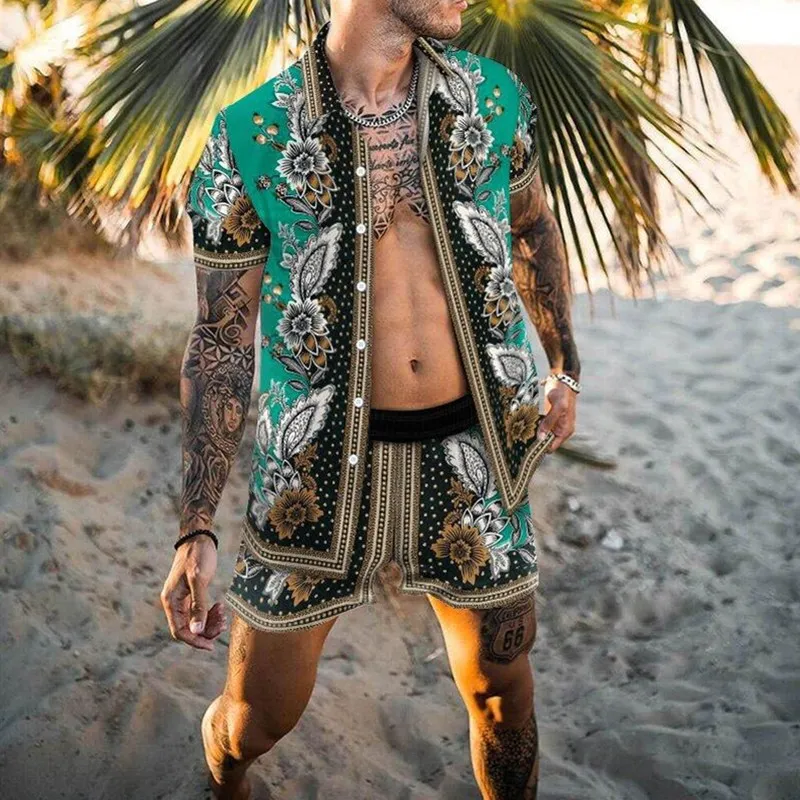 Fashionable men's T-shirt short-sleeved shorts suit beach casual printed street summer 2024 new suit top 2-piece set