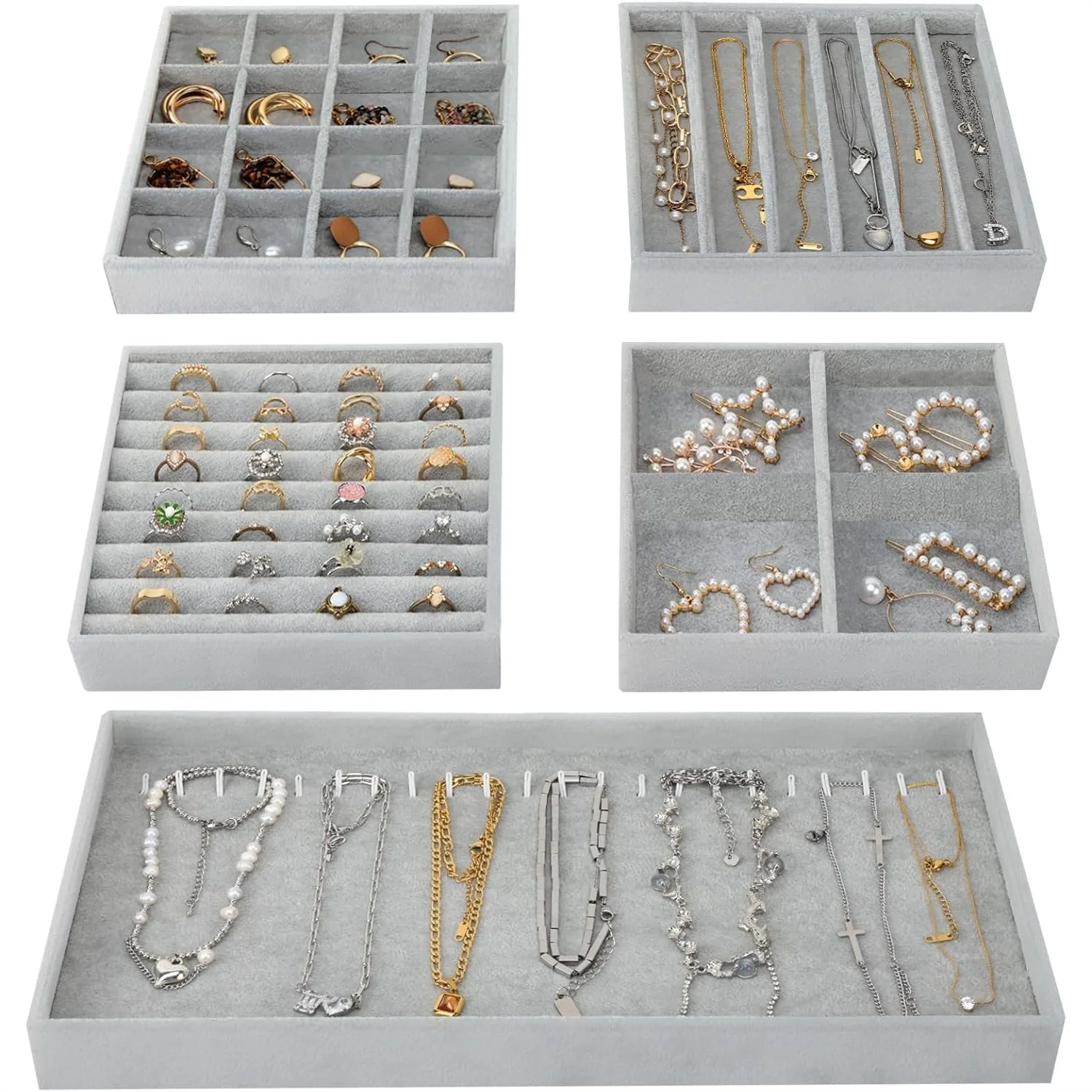 

Stackable Jewelry Drawer Organizer, 14in 5-Piece Velvet Tray Set with Removable Dividers for Earrings Necklaces Bracelets, Grey
