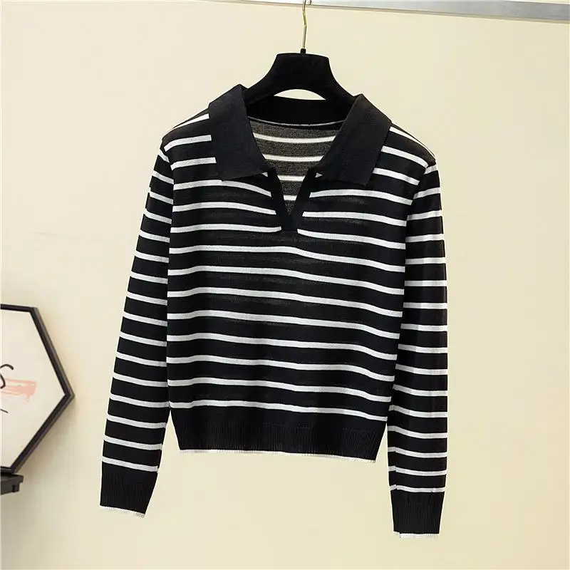 Fashion Women Clothing Long Sleeve Striped Sweater Spring Autumn New V-Neck Versatile Loose Casual Basic Knitted Pullovers Top