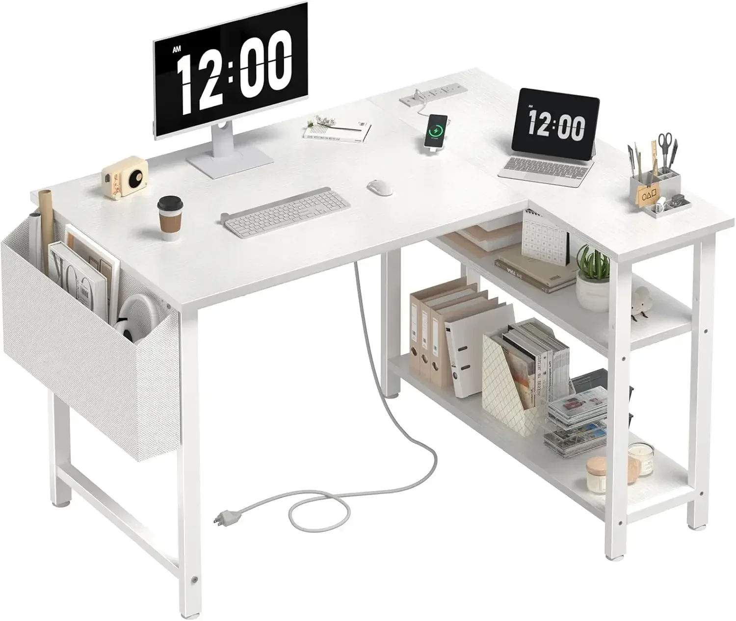 White L Shaped Computer Desk with Power Outlet Shelves, 40 Inch Small Corner Desk for Small Space Home Office, Study Work