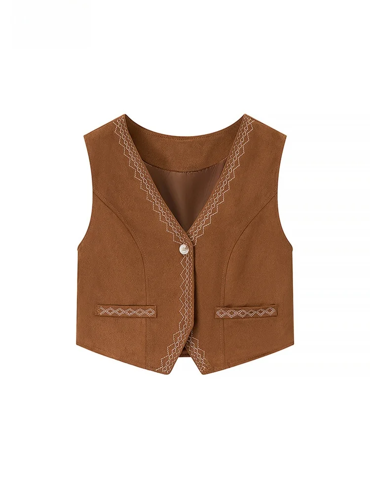 

Eg2025 осенний новый ретро этнический Sle с тяжелой вышивкой Faion кофейный цветной замшевый открытый кардиган жилет женская одежда