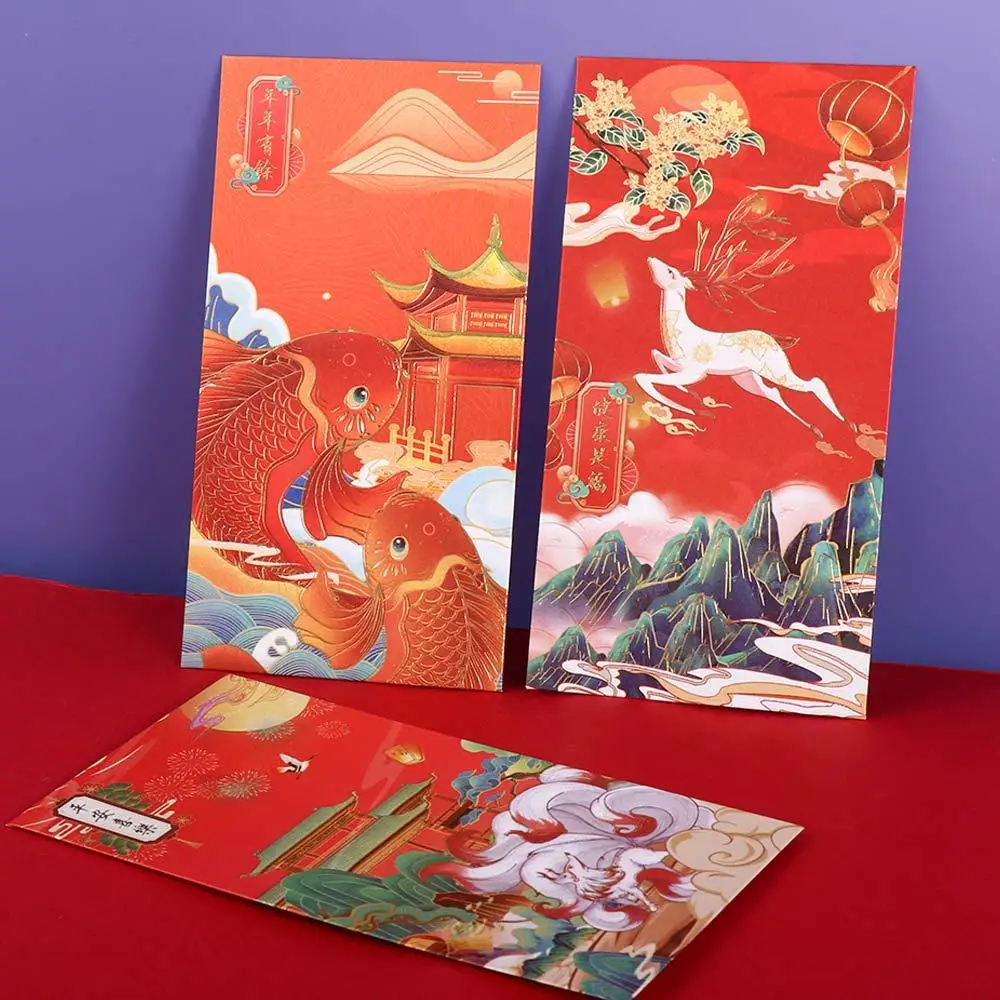 

6Pcs Creative Crane Blessing Hot-Stamping Lucky Money Red Pocket Red Envelope Bless Pocket Chinese New Year