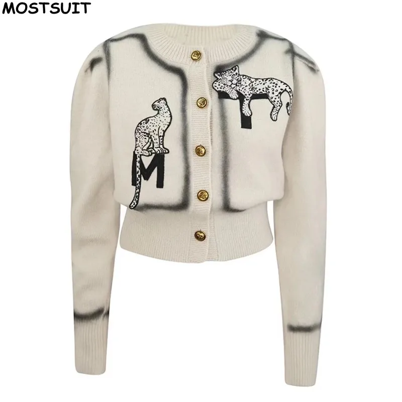 Vintage Sweater Cardigan For Women Cartoon Embroidery Stylish Fashion Chic Knitwear Tops Long Sleeve Single-breasted Jumper 2024