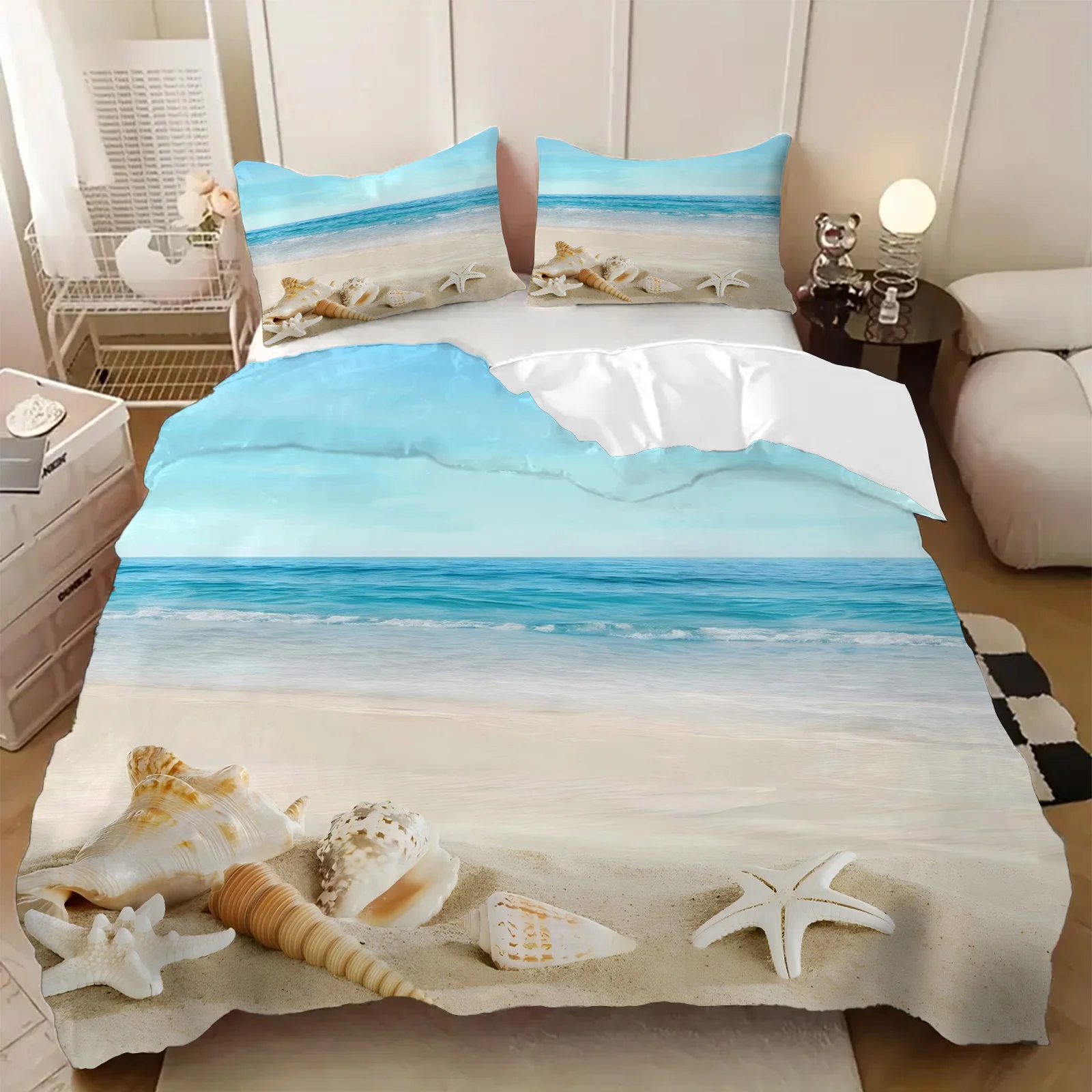 

Sea Star Shell Sea Conch Beach Print Duvet Cover Summer Beach Hawaiian tropical style Quilt cover Soft Comfortable Bedding Cover