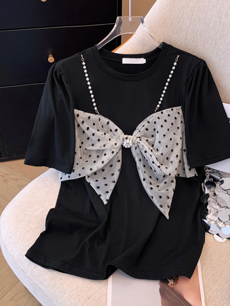 2024 Summer Vintage Casual Style Round Neck Puff Sleeve Patchwork T-shirts For Women Chiffon Loose Bow Decoration Tees Top