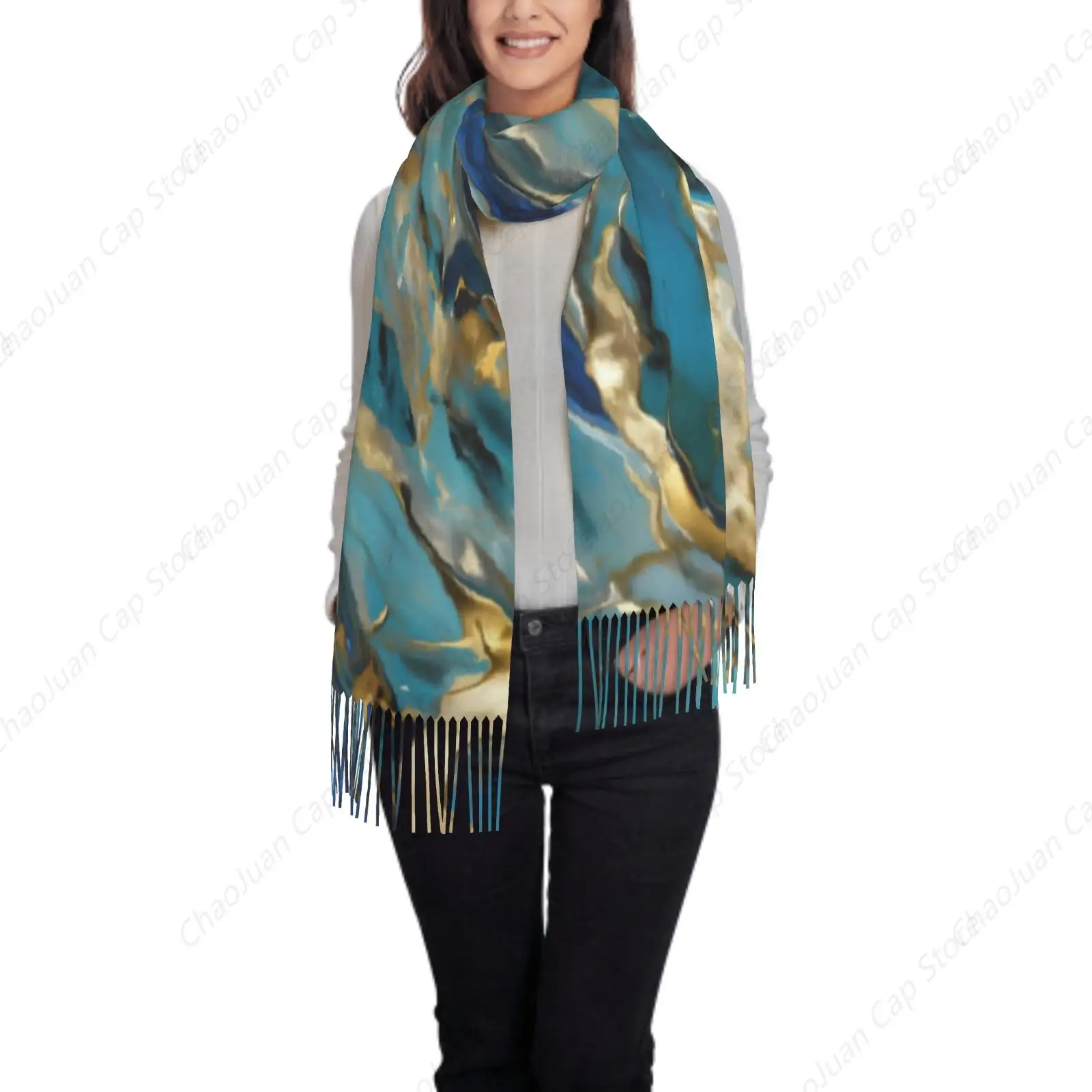 

Blue - Gold Marble Pattern Print Cashmere Feel Winter Scarf Fashion Soft Warm Women Blanket Shawl Wrap