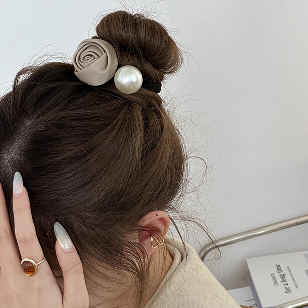 Bandas elásticas de perlas coreanas para el cabello, lazos para el cabello de flores rosas de satén Retro Para mujeres y niñas, diademas, soporte