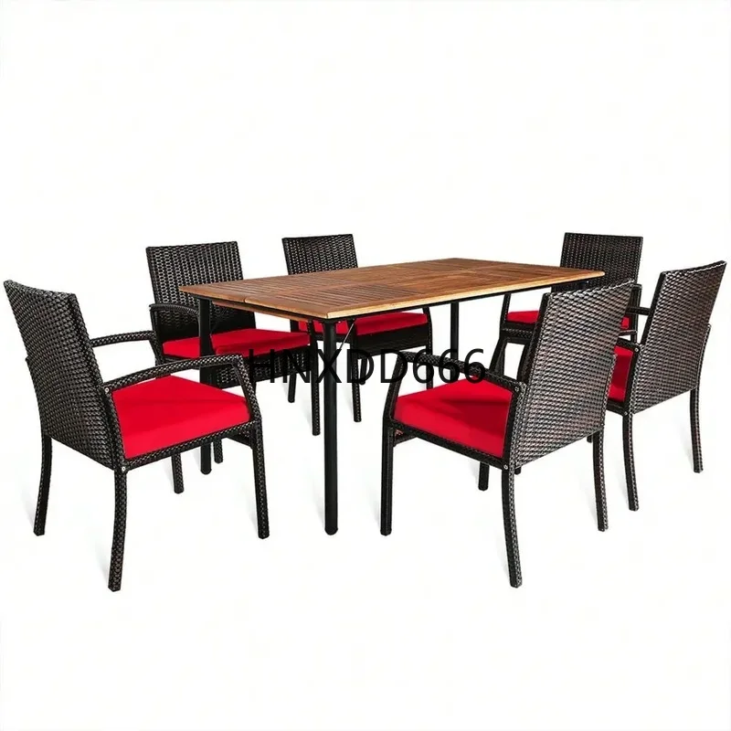

7-Piece Patio Dining Set with Wooden Table and Red Cushions for Outdoor Use