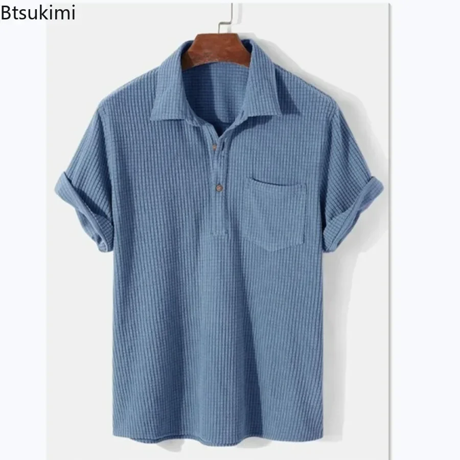 New 2025 Men's Summer Casual Polo Shirts Top Turn-Down Collar Button Blouse Short Sleeve Solid Pocket Blouse Shirt Men Clothing