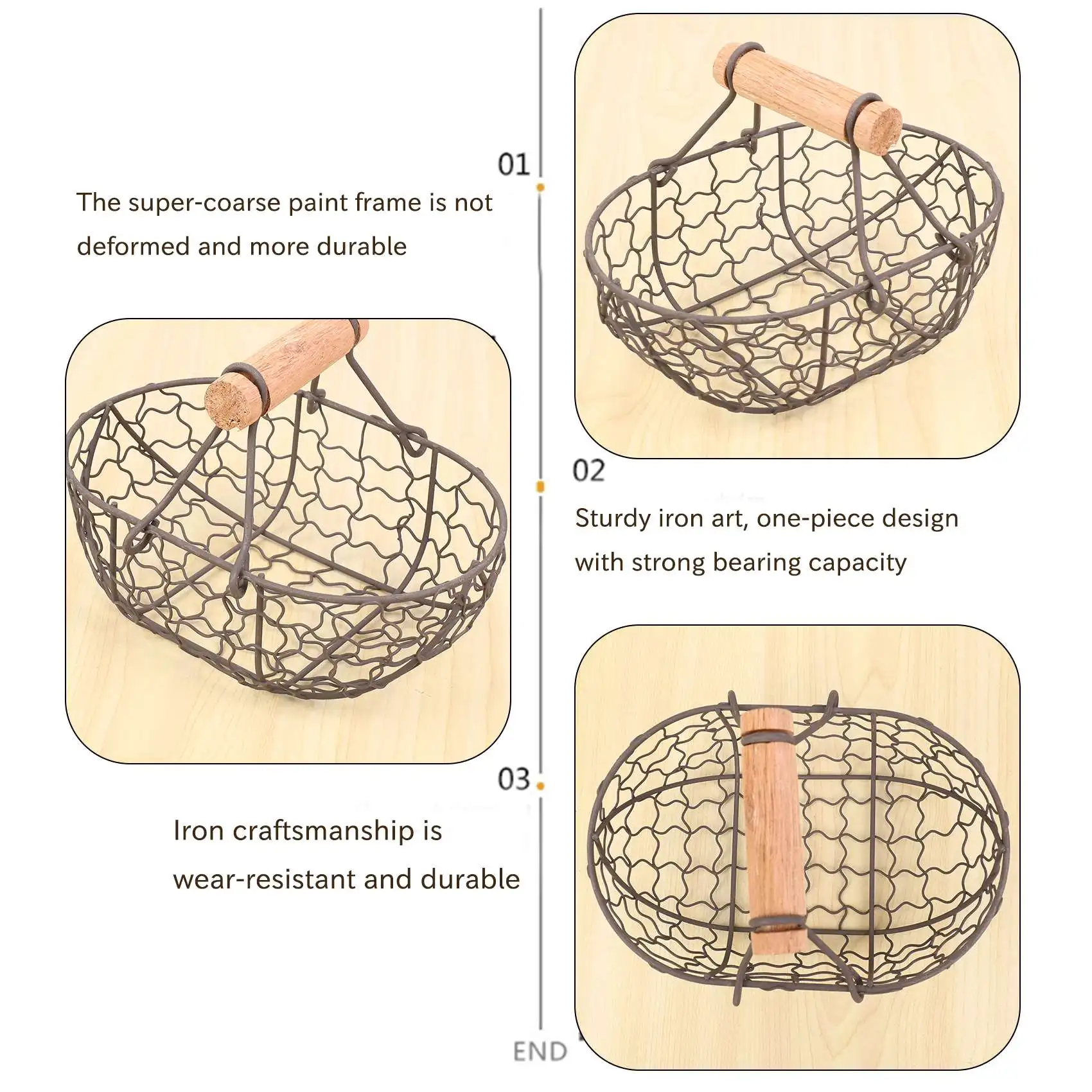 Mir rétro en métal avec manche en bois, panier de rangement portable, multifonction, légumes, fruits, œufs, épicerie, pratique, EvaluBlack