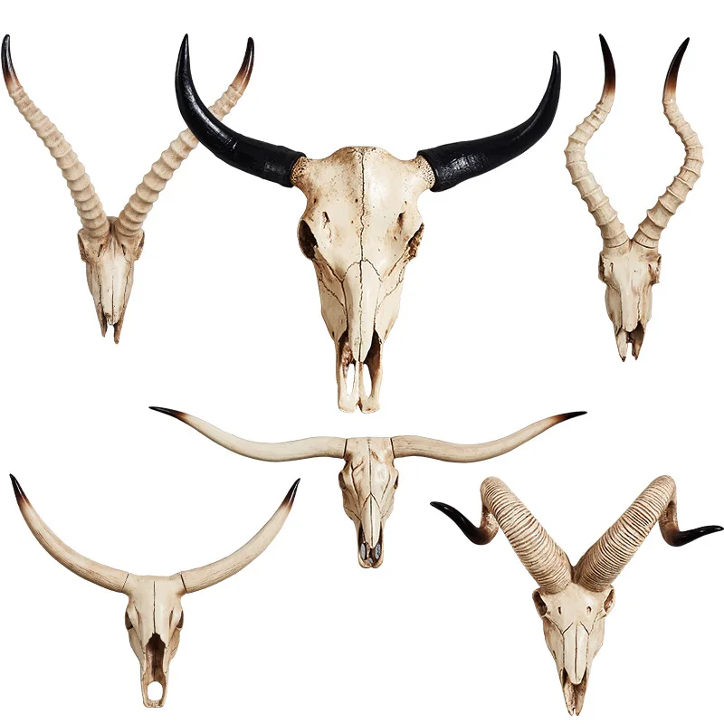 Deer Geit Bull Koe Schedel Hoofd Muur Opknoping Decor 3D Dier Sculptuur Beeldjes Ambachten Hoorns Voor Thuis Halloween Decoratie