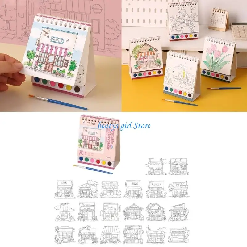 C7AB Children Watercolor Drawing Notebook with Paint and Brush Twin Coil Binding Sketching Pad for Kid Adult Travel Painting