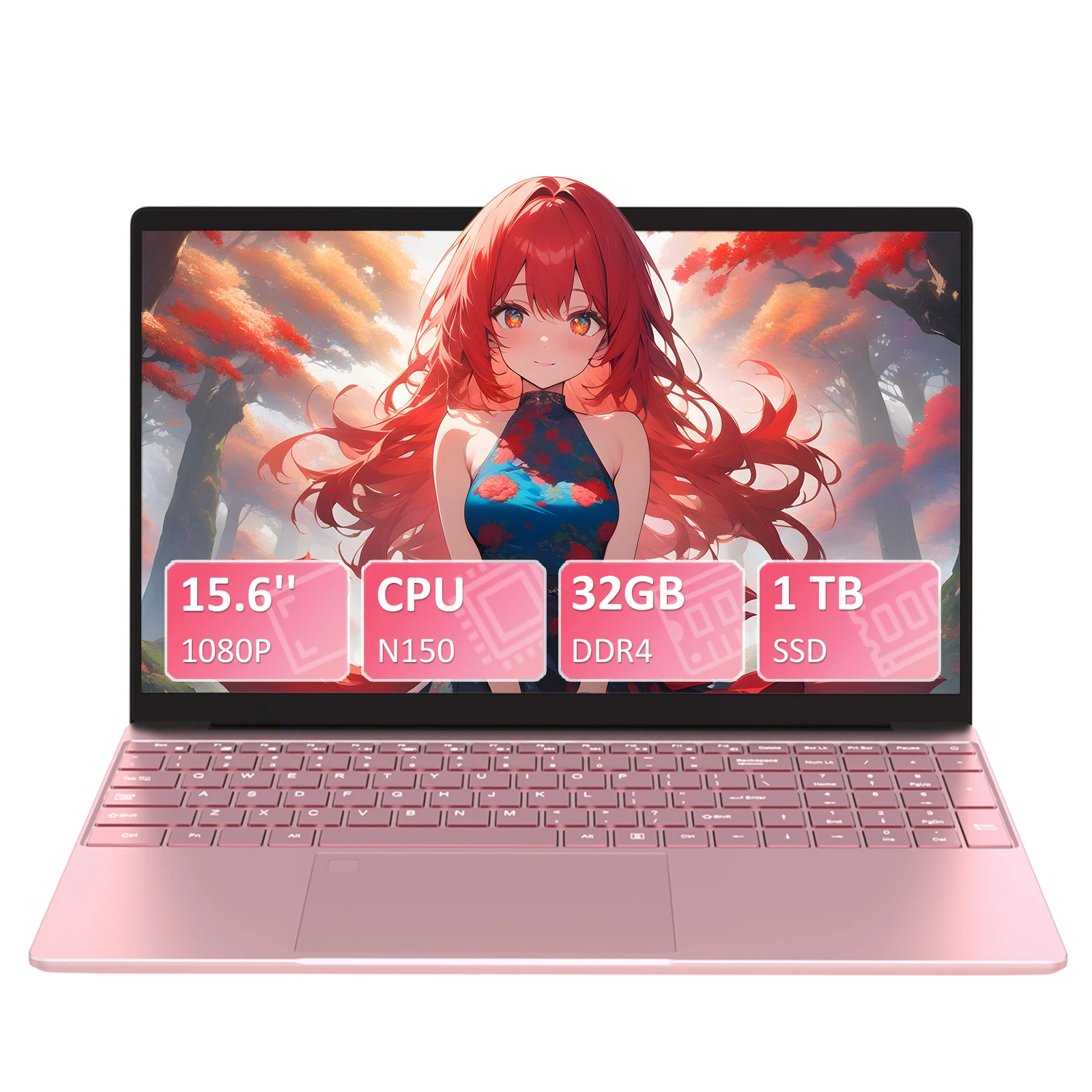 Laptop rosa da 15,6" FHD IPS con Intel N150, 32 GB di RAM DDR4, SSD da 1 TB, Windows 11 Pro, 1920x1080, Wi-Fi dual band, Bluetooth 5.0 - Notebook, computer portatile per lavoro e scuola