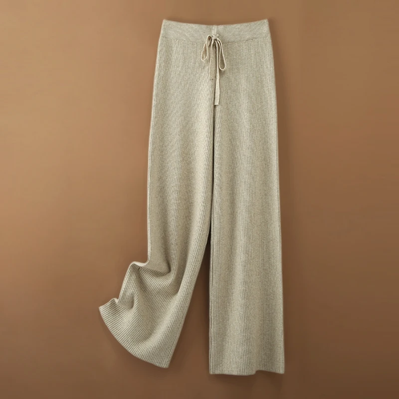 

Осенне-зимние утепленные шерстяные вязаные брюки с широкими штанинами, женские, на эластичной талии, стройнящие, длинные, прямые, струящиеся брюки