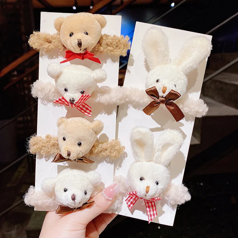 New Kids' Plush Hair Scrunchies - Bear Pom-pom & Rabbit Ear Styles, Soft No-pull Elastic Bands for Girls' Daily Hairdos.