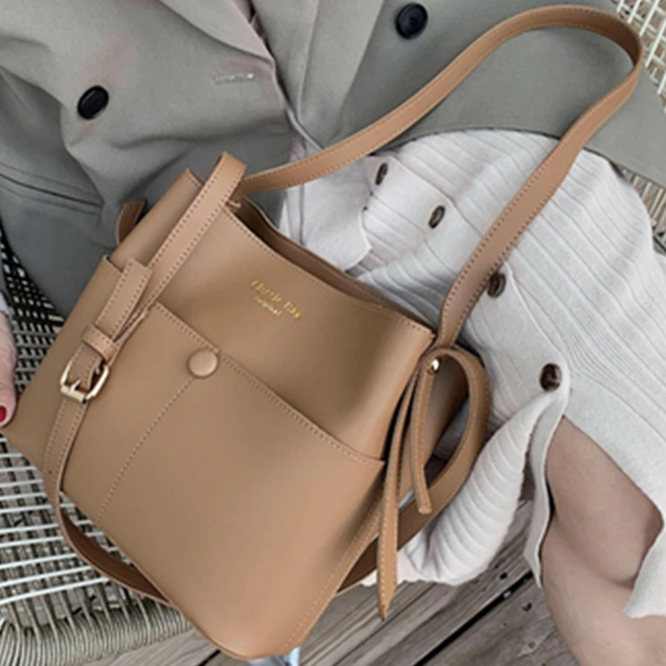 Solid Color Buckets Bag for Women Designer Shoulder Bags Luxury Soft Leather Crossbody Bag Large Capacity Tote Ladies Big Purses